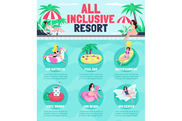 Evaluating All Inclusive Resort Flat Color Vector Assets for Travel Marketing and Design